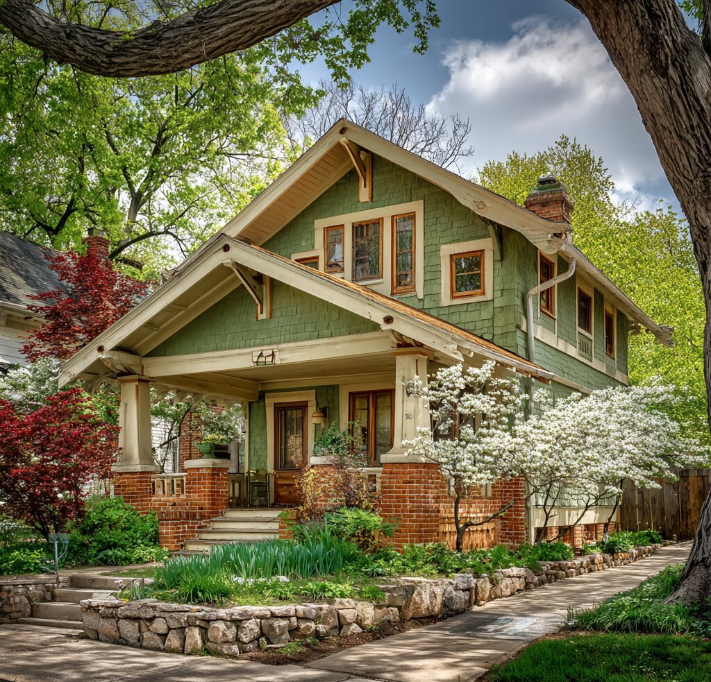 A green craftsman bungalow with stone porch piers and a brick walkway at golden hour in Brookside, Kansas City