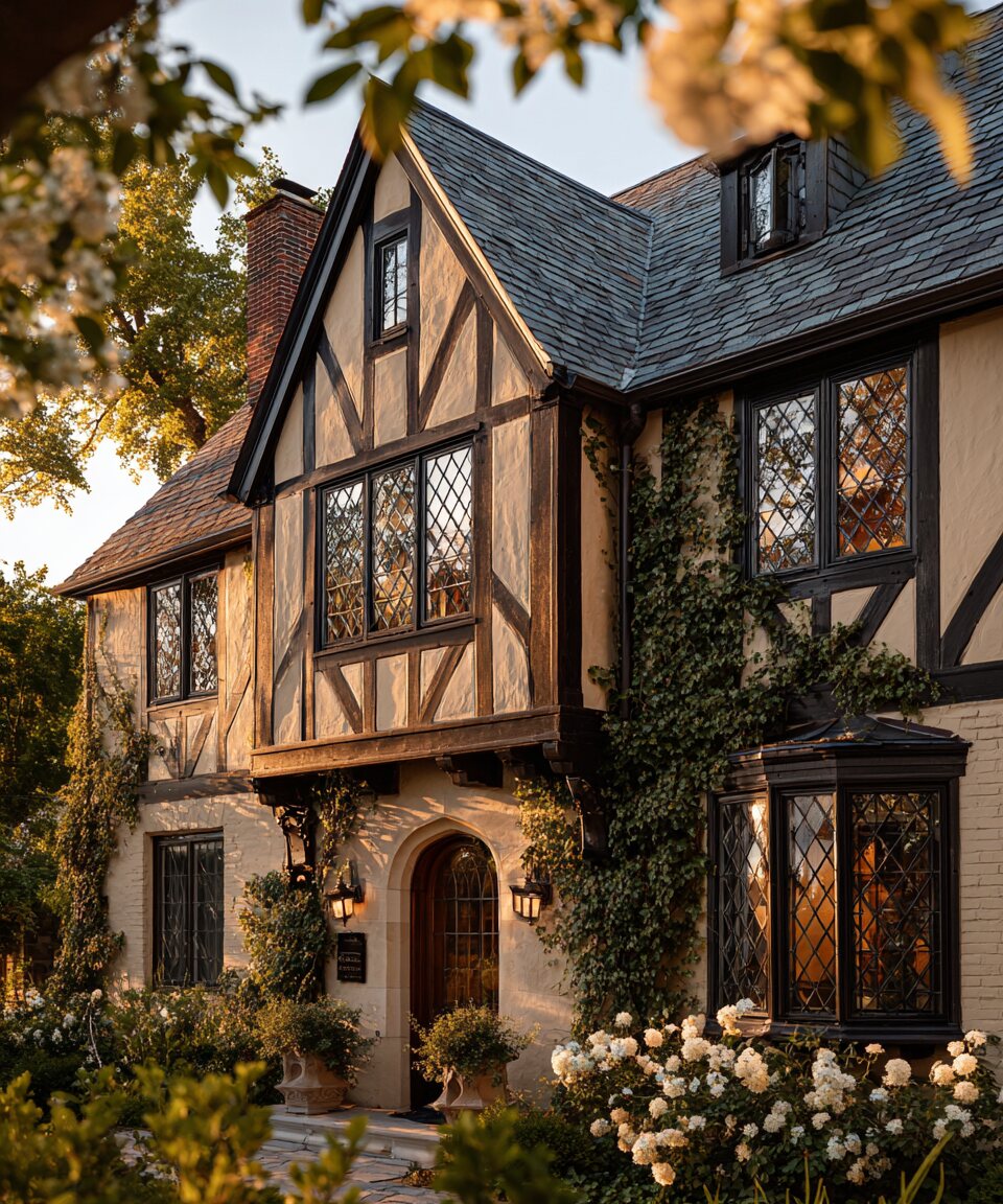 A Tudor revival home detail with leaded windows and ivy on cream brick